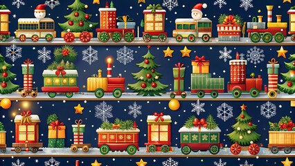 Christmas train with gifts and trees traveling through a snowy night sky, festive holiday illustration