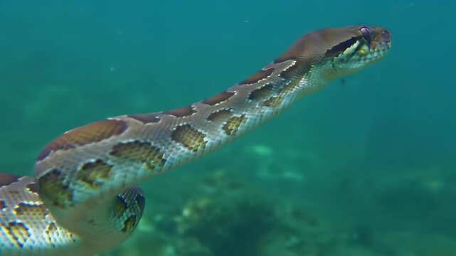 Majestic Python Gliding Gracefully Underwater in Clear Tropical Waters, Revealing Intricate Scale Patterns