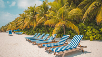 A bright tropical beach scene with a row of empty blue and white striped lounge chairs positioned on pristine white sand.