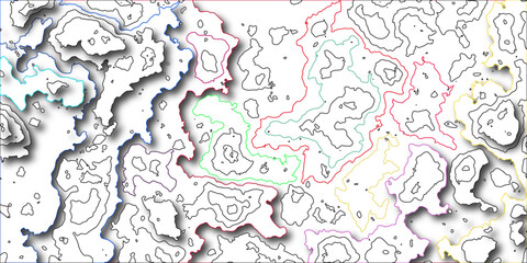 Vector geography landscape Topo contour map on white background, Topographic contour lines. Comprehensive Vector Illustration of a Topographic Map Highlighting Rich Topographical Features.