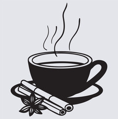 a cup of milk masala tea with cinnamon stick silhouette vector art illustration, cup of coffee with steam