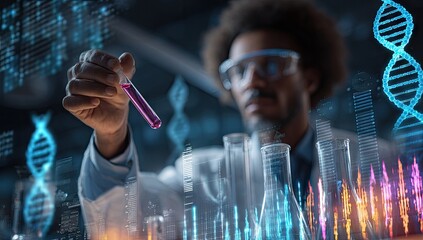 A scientist holding a test tube with a purple liquid, surrounded by futuristic holographic DNA and city data visualizations