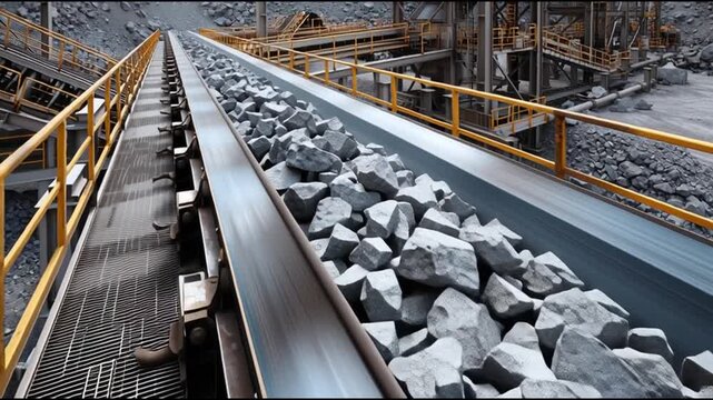 Rare earth minerals industry. Extraction renewable. Elements mining energy. Conveyor belt transporting rocks in an industrial setting