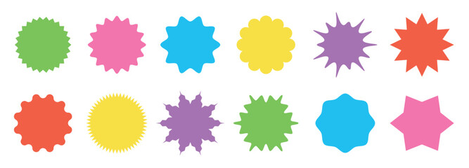 Starburst colorful  sticker set  of shape - collection of special offer sale round shaped sunburst labels and badges. Promo stickers with star edges.