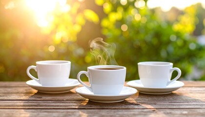Three coffee cups on a wooden table outdoors