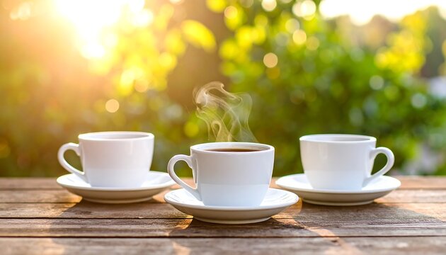 Three coffee cups on a wooden table outdoors