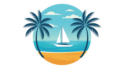 A minimalist vector illustration of a tropical beach scene in a circular frame.