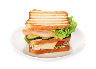 Yummy sandwich with ham, cheese and vegetables isolated on white