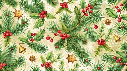 Festive christmas pattern with pine branches, holly, red berries, gold stars, and bells on a textured background