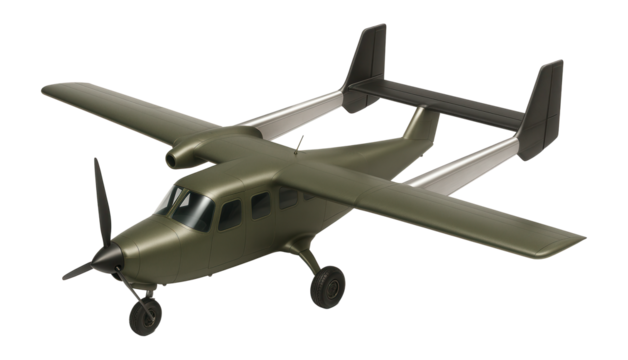Compact military transport plane with twin tail booms and high-set horizontal stabilizer