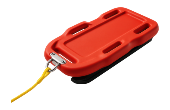 Rubberized rescue sled in bright red with tow rope attachment