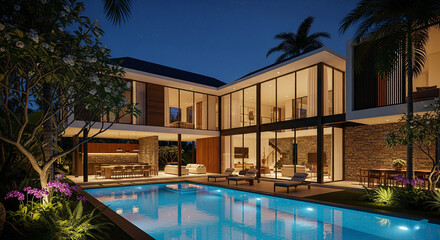 Fototapeta premium A modern tropical villa with a glowing swimming pool at night.