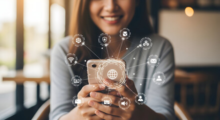Woman using smartphone Global connection Social media network Online communication Digital technology Modern lifestyle