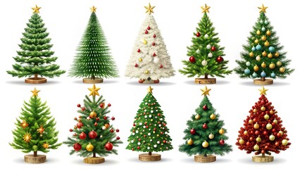 Collection of decorated christmas trees with ornaments and lights, isolated on white background