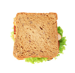 Tasty sandwich with ham and vegetables isolated on white