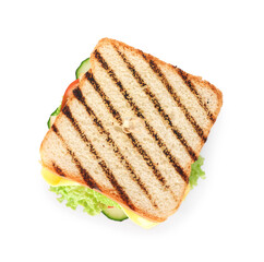 Tasty sandwich with cheese and vegetables isolated on white, top view