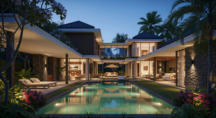 Fototapeta premium Luxurious tropical villa with a large rectangular pool and modern architecture at dusk.