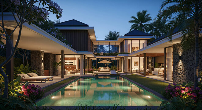 Luxurious tropical villa with a large rectangular pool and modern architecture at dusk.