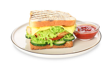 Tasty sandwich with ham, cheese, vegetables and sauce isolated on white