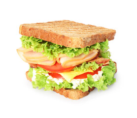 Tasty sandwich with ham, bacon, cheese and vegetables isolated on white