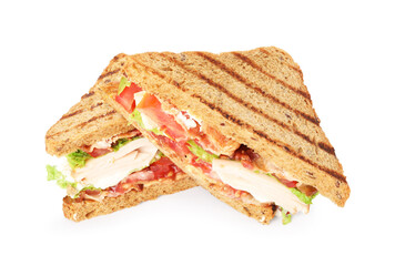 Tasty sandwiches with ham, bacon, cheese cream and vegetables isolated on white