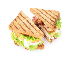 Tasty sandwiches with ham, bacon, cheese cream and vegetables isolated on white