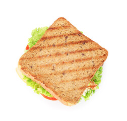 Tasty sandwich with ham and vegetables isolated on white, top view