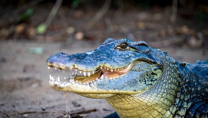 Obraz premium Close-up of a large crocodile's head, showcasing its formidable teeth and striking blue-green scales, set against a backdrop of earthy tones.