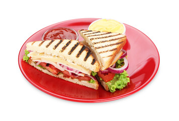 Tasty sandwiches with ham, cheese, vegetables and sauces isolated on white