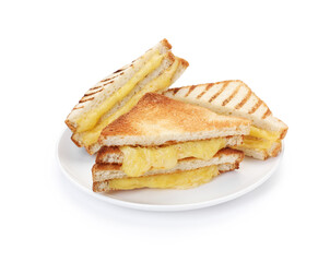 Tasty sandwiches with melted cheese isolated on white