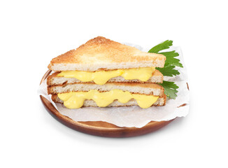 Tasty sandwiches with melted cheese and parsley isolated on white