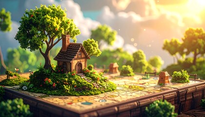 A miniature, idyllic landscape with a charming cottage nestled on a detailed, ancient book-like surface, bathed in warm sunlight, evokes a sense of wonder and tranquility.