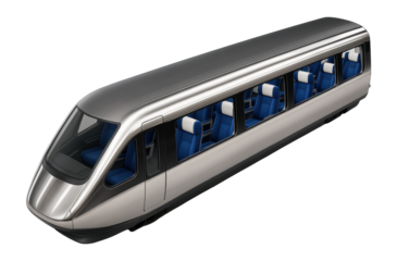 Express train carriage with spacious aisle and contrasting blue and white interior