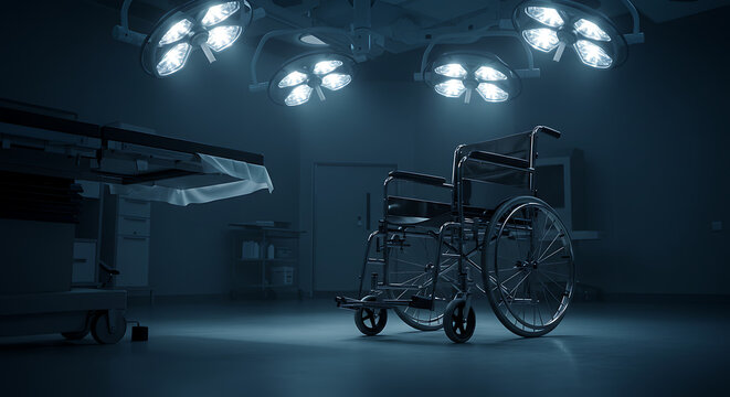 Empty operating room; wheelchair awaits; surgical lights illuminate.
