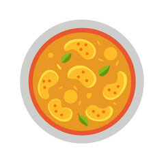 Vector image of soup with dumplings and basil leaves