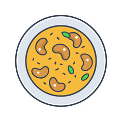 Cashew curry in a bowl, simple flat illustration style