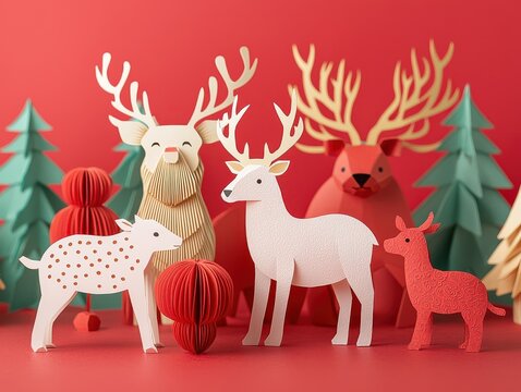 A whimsical arrangement of colorful paper animals, including deer and trees, set against a vibrant red background, creating a festive and playful atmosphere. - Powered by Adobe
