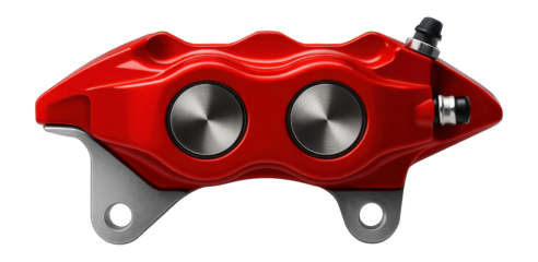 Brake caliper with dual pistons and red powder-coated finish