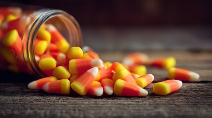 Pile of colorful candy corn spilling from jar on wooden surface. Classic fall confection for sweet treats.