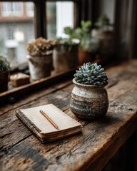 Rustic wooden table, succulents, and journal