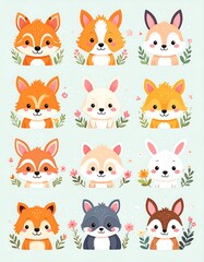 Twelve cute cartoon animal faces, foxes, bunny, wolf, surrounded by flowers
