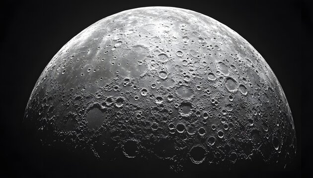 A large, round, grey moon with many craters. The moon is in the middle of the image