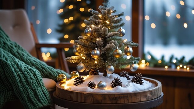 Cozy Christmas decor with mini tree, pine cones, ornaments and snow by the window with warm holiday lights, winter home scene, AI-Generated.