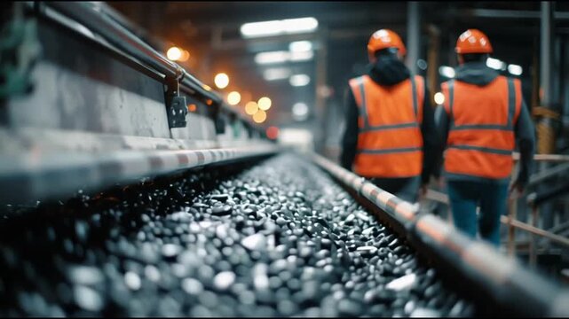 Rare earth minerals industry. Extraction renewable. Elements mining energy. Two workers in safety gear walking along an industrial site.