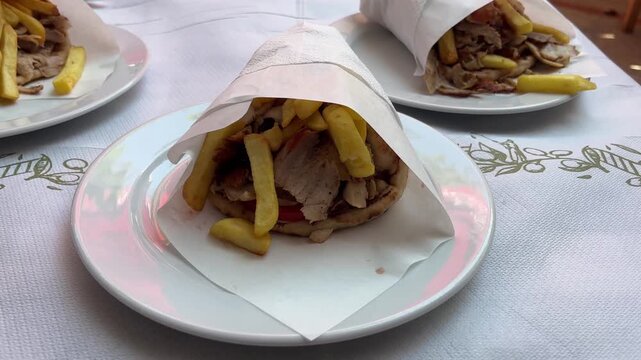 A persons finger points to a gyros pita filled with meat, fries, and sauce on a piece of white paper, a closeup shot. concept of food, greek cuisine, and dining