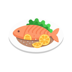 Flat vector illustration of fish with lemon slices on plate