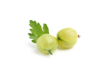 Fresh ripe green gooseberries with leaf isolated on white