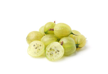 Pile of fresh ripe green gooseberries isolated on white
