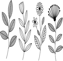 Fototapeta premium Minimalist line art illustration of four distinct botanical elements with bold black outlines, including leaves, tulip bud, daisy flowers, and spiky dandelion design on white background