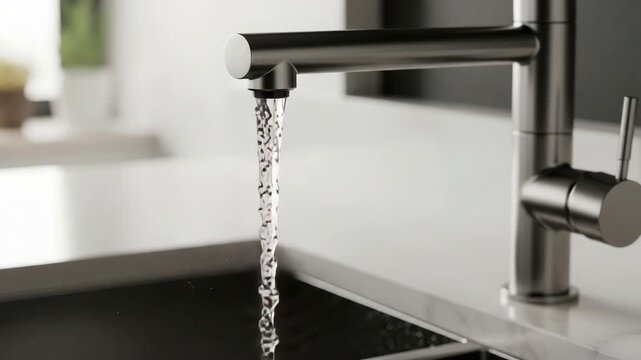 Modern stainless steel kitchen faucet with clean running water flow in contemporary home interior design, eco friendly lifestyle and fresh hydration concept